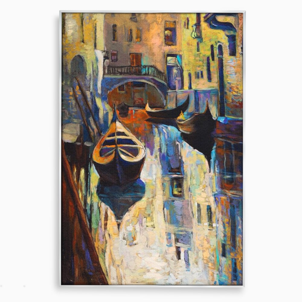 Tablou canvas cu pictura canvas cu gondole in venetia, in rama de aluminiu argintiu